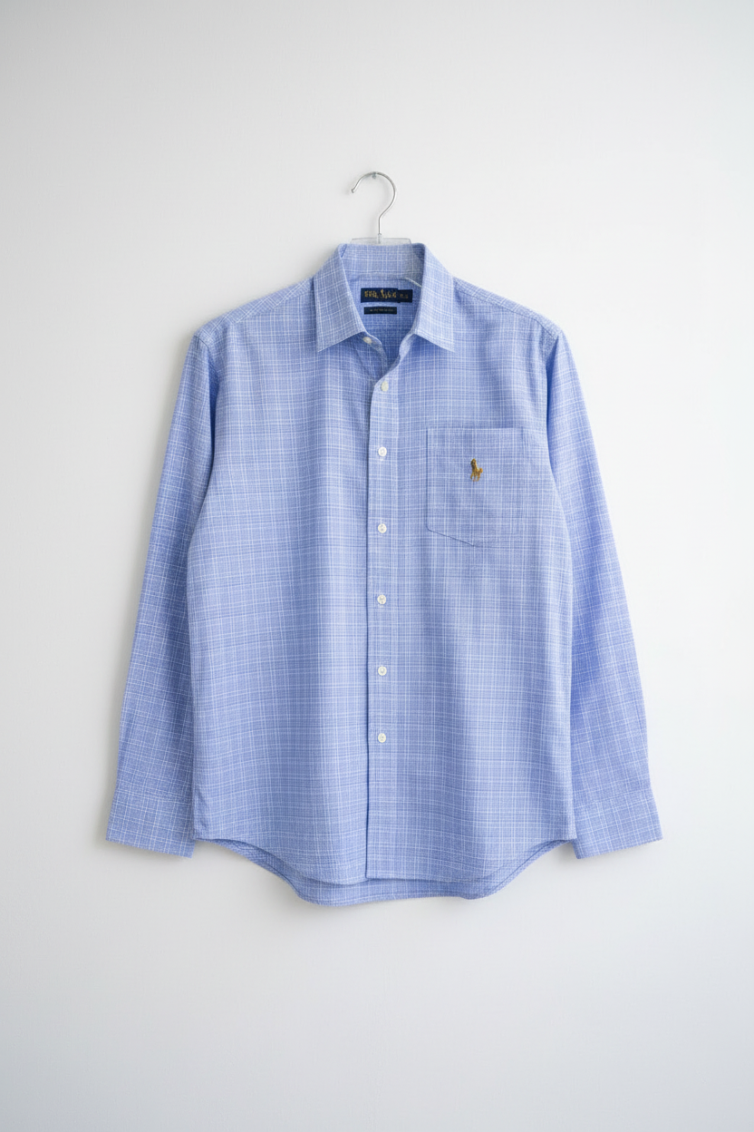 Men’s Light Blue Checkered Cotton Formal Shirt | Slim Fit Smart Office Shirt | Embroidered Logo | Sizes S–XL | MH