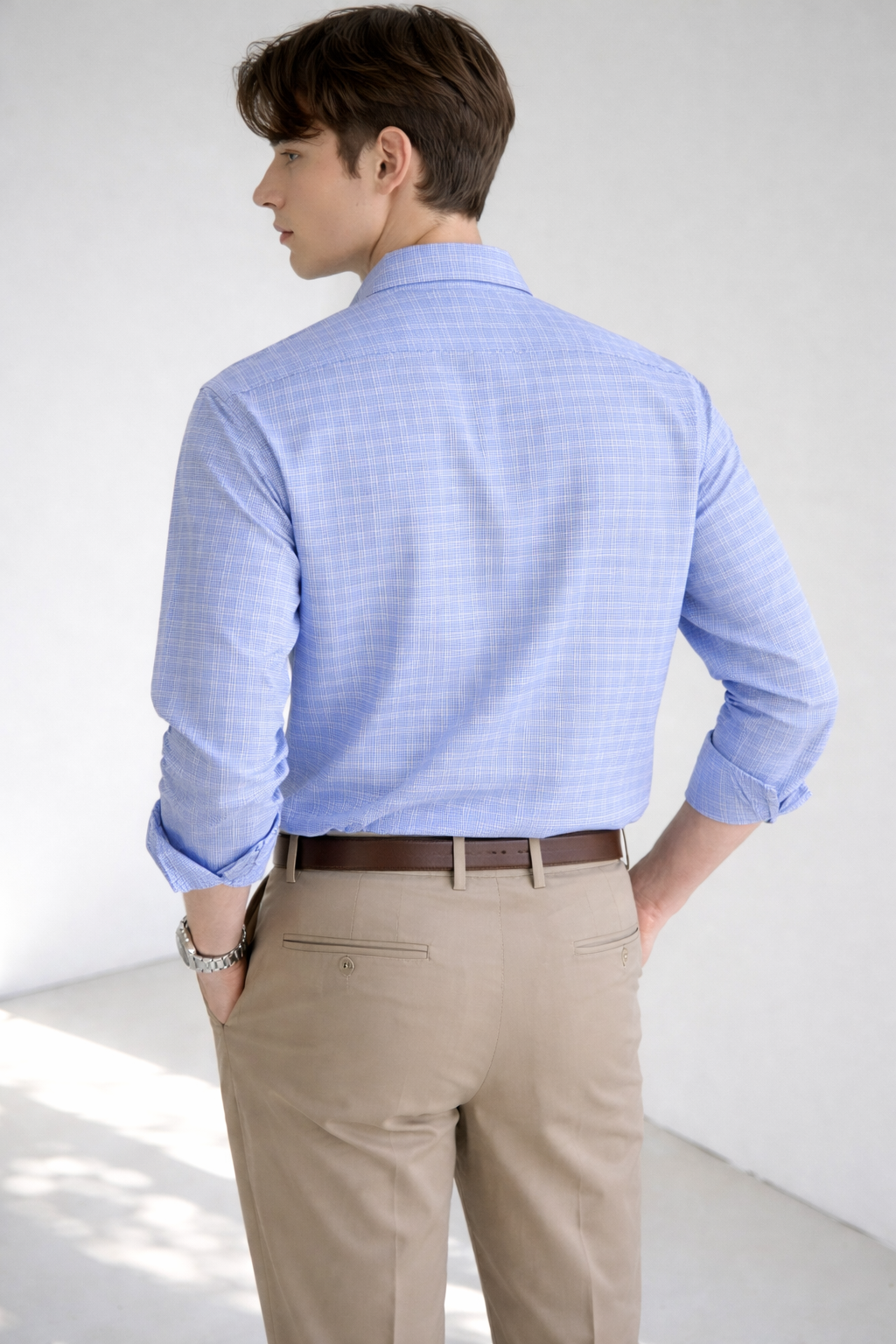 Men’s Light Blue Checkered Cotton Formal Shirt | Slim Fit Smart Office Shirt | Embroidered Logo | Sizes S–XL | MH