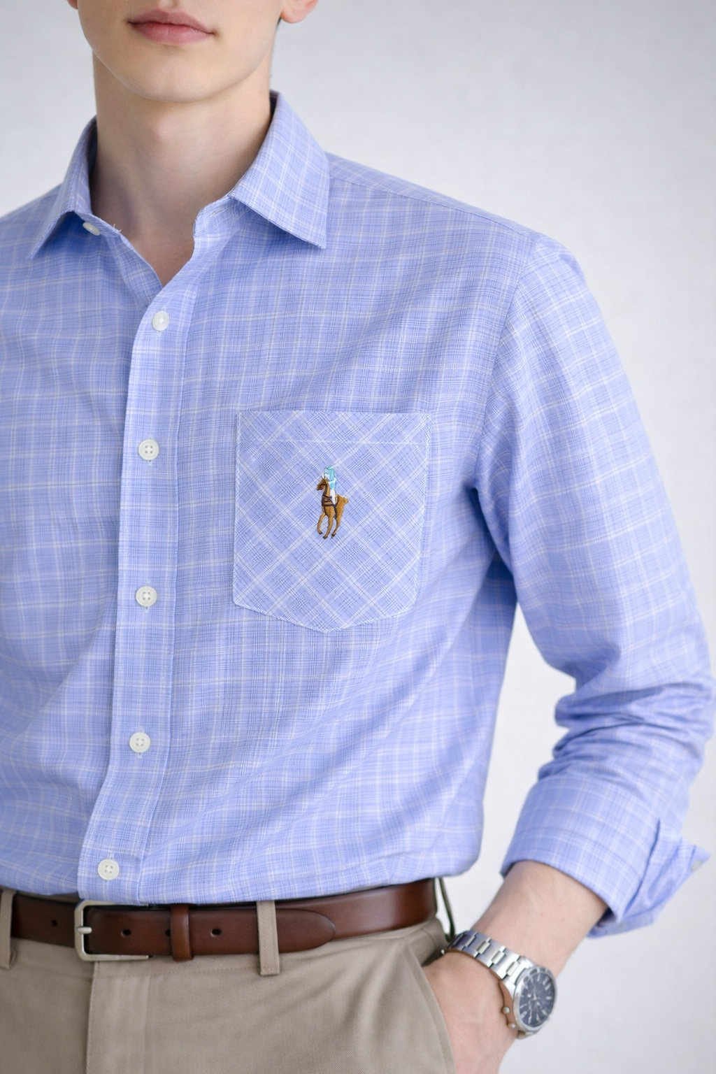 Men’s Light Blue Checkered Cotton Formal Shirt | Slim Fit Smart Office Shirt | Embroidered Logo | Sizes S–XL | MH