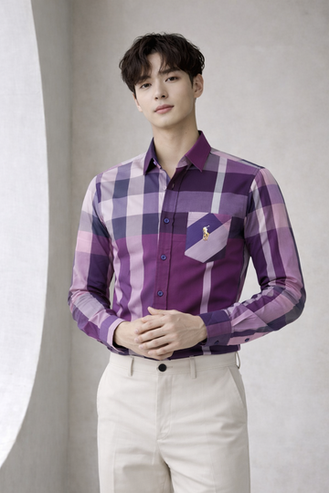 Men’s Elegant Purple Check Slim Fit Formal Shirt | Purple Navy Lavender Plaid | Embroidered Logo | Sizes S–XL | MH