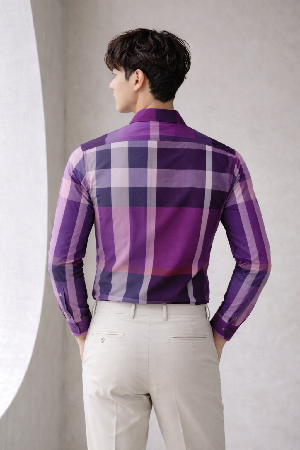 Men’s Elegant Purple Check Slim Fit Formal Shirt | Purple Navy Lavender Plaid | Embroidered Logo | Sizes S–XL | MH