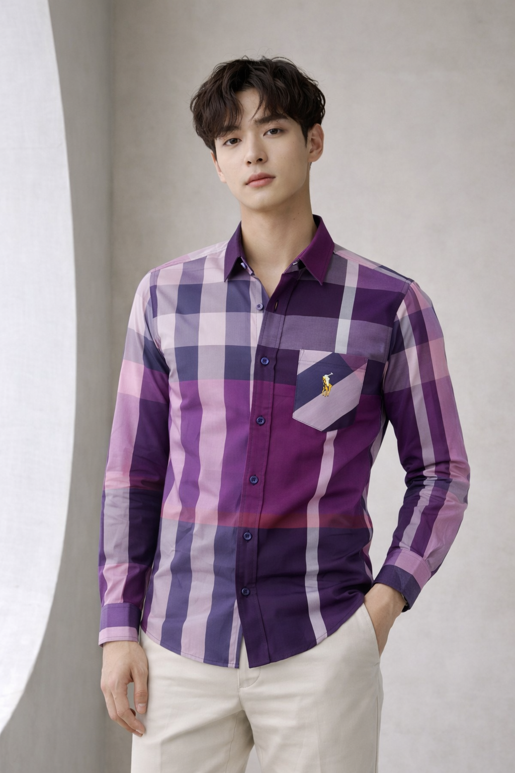 Men’s Elegant Purple Check Slim Fit Formal Shirt | Purple Navy Lavender Plaid | Embroidered Logo | Sizes S–XL | MH