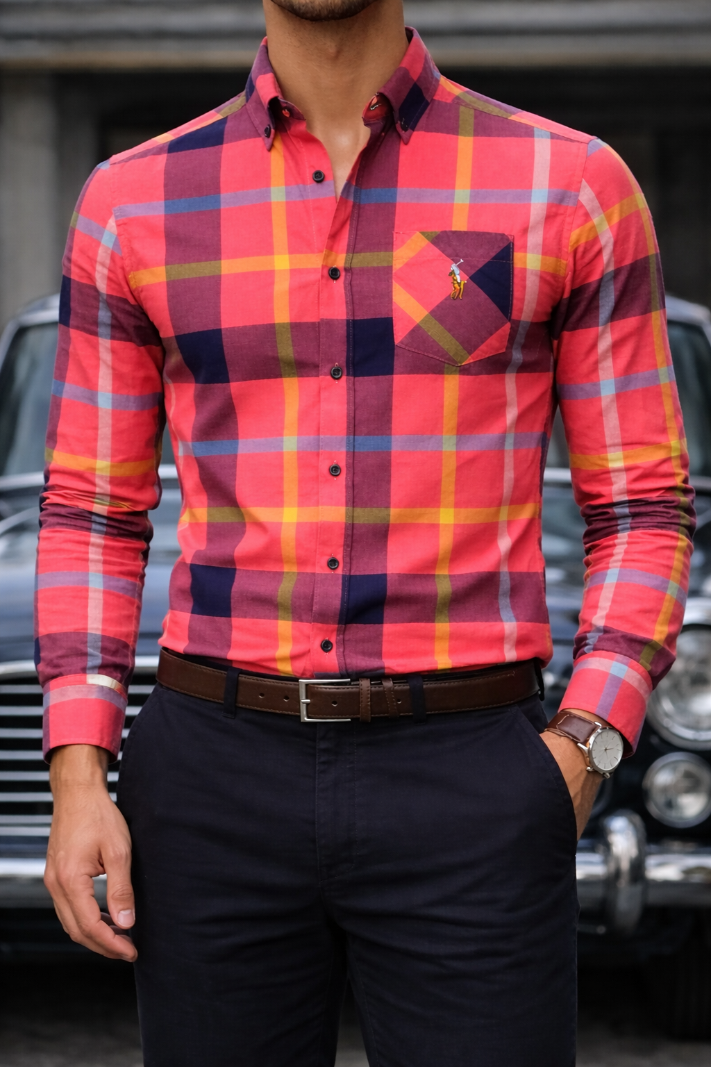 Men’s Coral Red Multicolour Plaid Slim Fit Shirt | Red Navy Yellow Check Long Sleeve | Sizes S–XL | MH