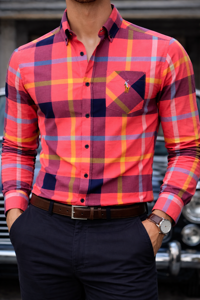 Men’s Coral Red Multicolour Plaid Slim Fit Shirt | Red Navy Yellow Check Long Sleeve | Sizes S–XL | MH