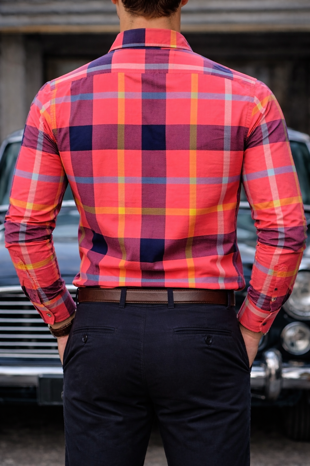 Men’s Coral Red Multicolour Plaid Slim Fit Shirt | Red Navy Yellow Check Long Sleeve | Sizes S–XL | MH