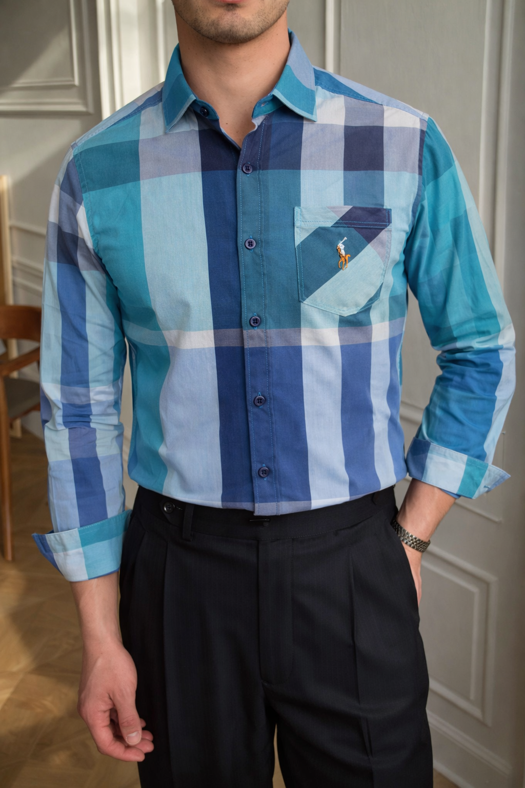 Men’s Classic Blue & Aqua Oversized Check Cotton Slim Fit Shirt | Navy Teal Plaid | Sizes S–XL | MH