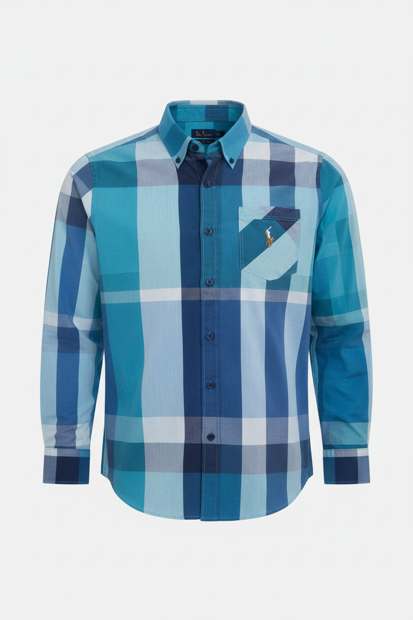 Men’s Classic Blue & Aqua Oversized Check Cotton Slim Fit Shirt | Navy Teal Plaid | Sizes S–XL | MH