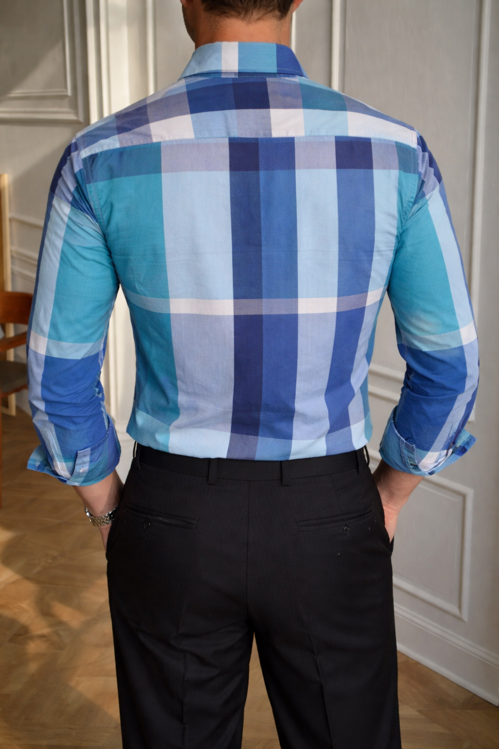 Men’s Classic Blue & Aqua Oversized Check Cotton Slim Fit Shirt | Navy Teal Plaid | Sizes S–XL | MH