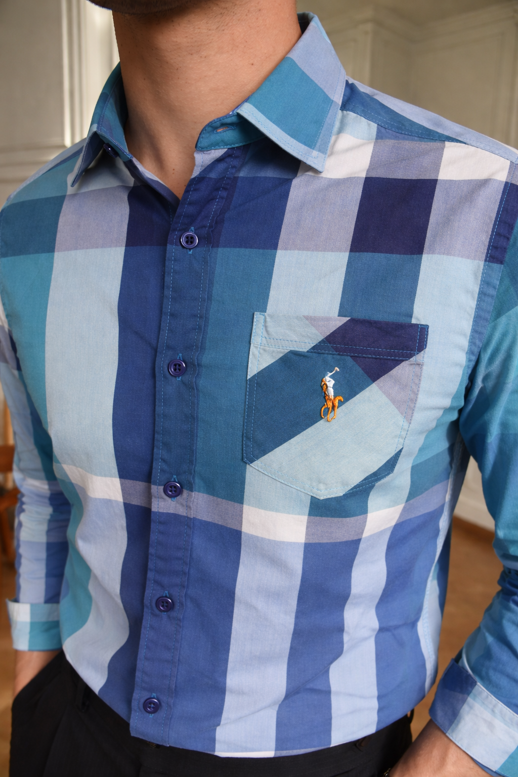Men’s Classic Blue & Aqua Oversized Check Cotton Slim Fit Shirt | Navy Teal Plaid | Sizes S–XL | MH