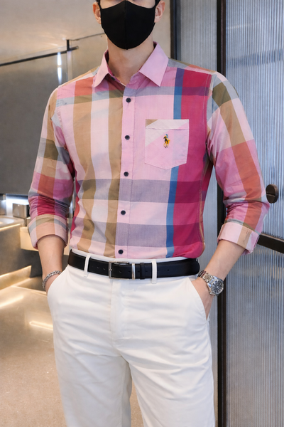 Men’s Premium Pink Multi-Tone Plaid Slim Fit Cotton Shirt | Pink Blue Beige Check | Sizes S–XL | MH