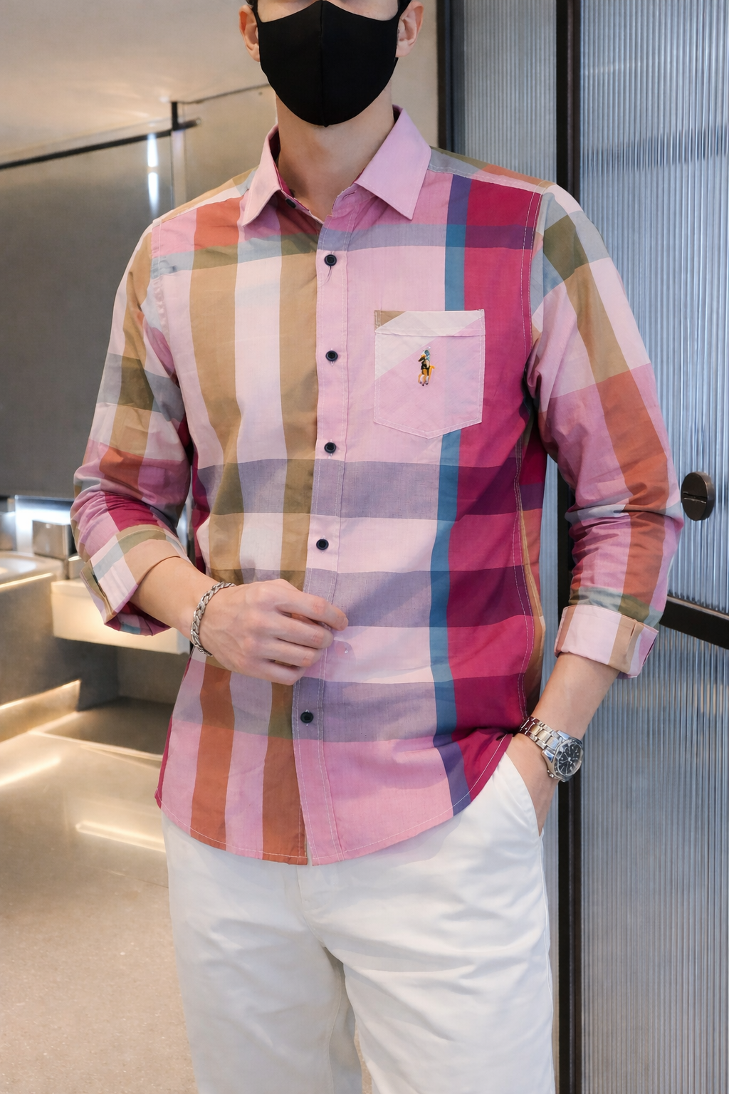 Premium Pink Multi-Tone Plaid Slim Fit Cotton Shirt | MH