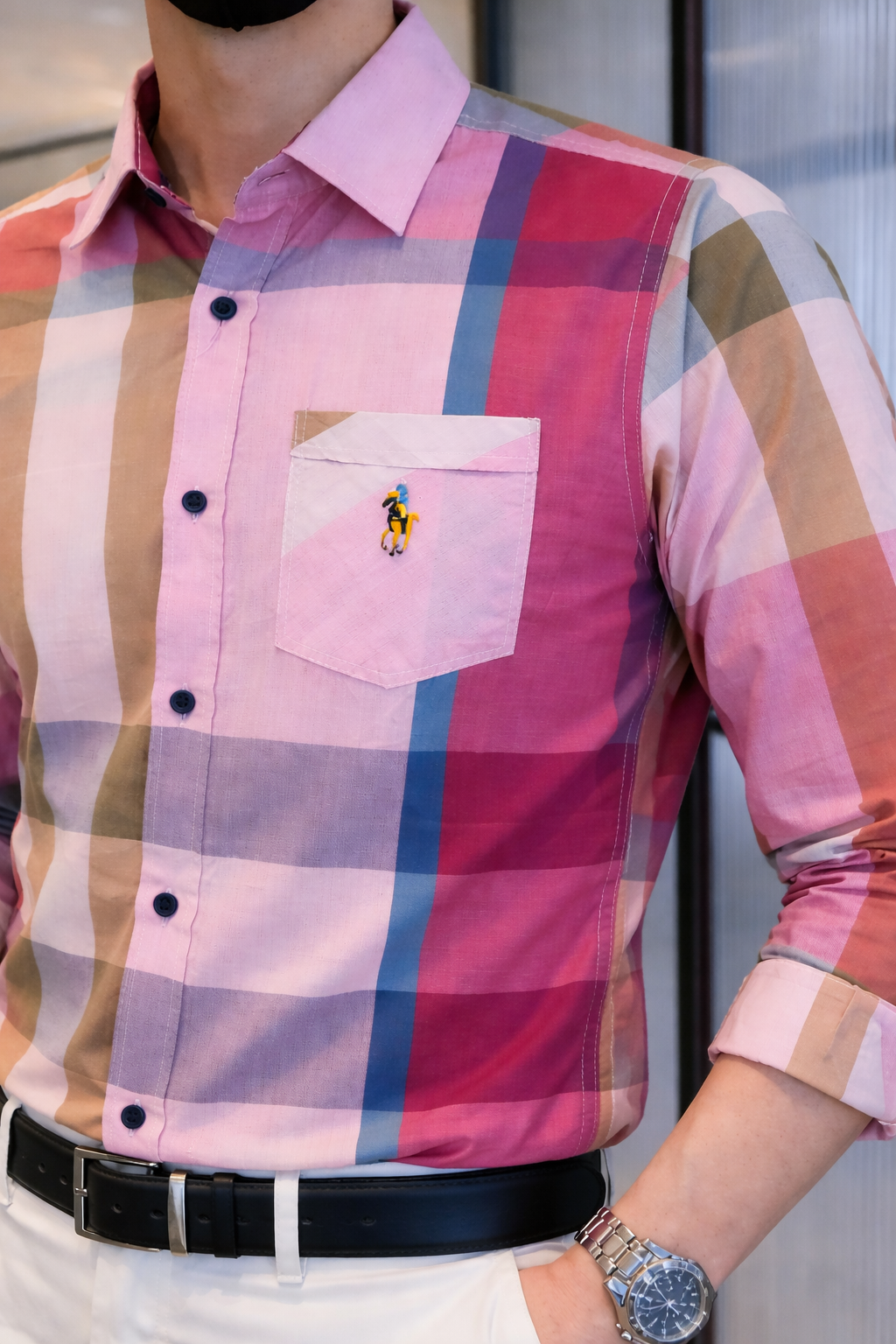 Premium Pink Multi-Tone Plaid Slim Fit Cotton Shirt | MH