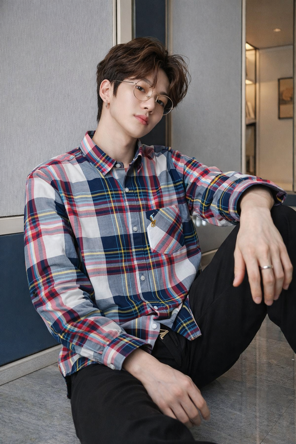 Men’s Classic Red & Navy Multicolour Plaid Slim Fit Shirt | Tartan Check Long Sleeve | Sizes S–XL | MH