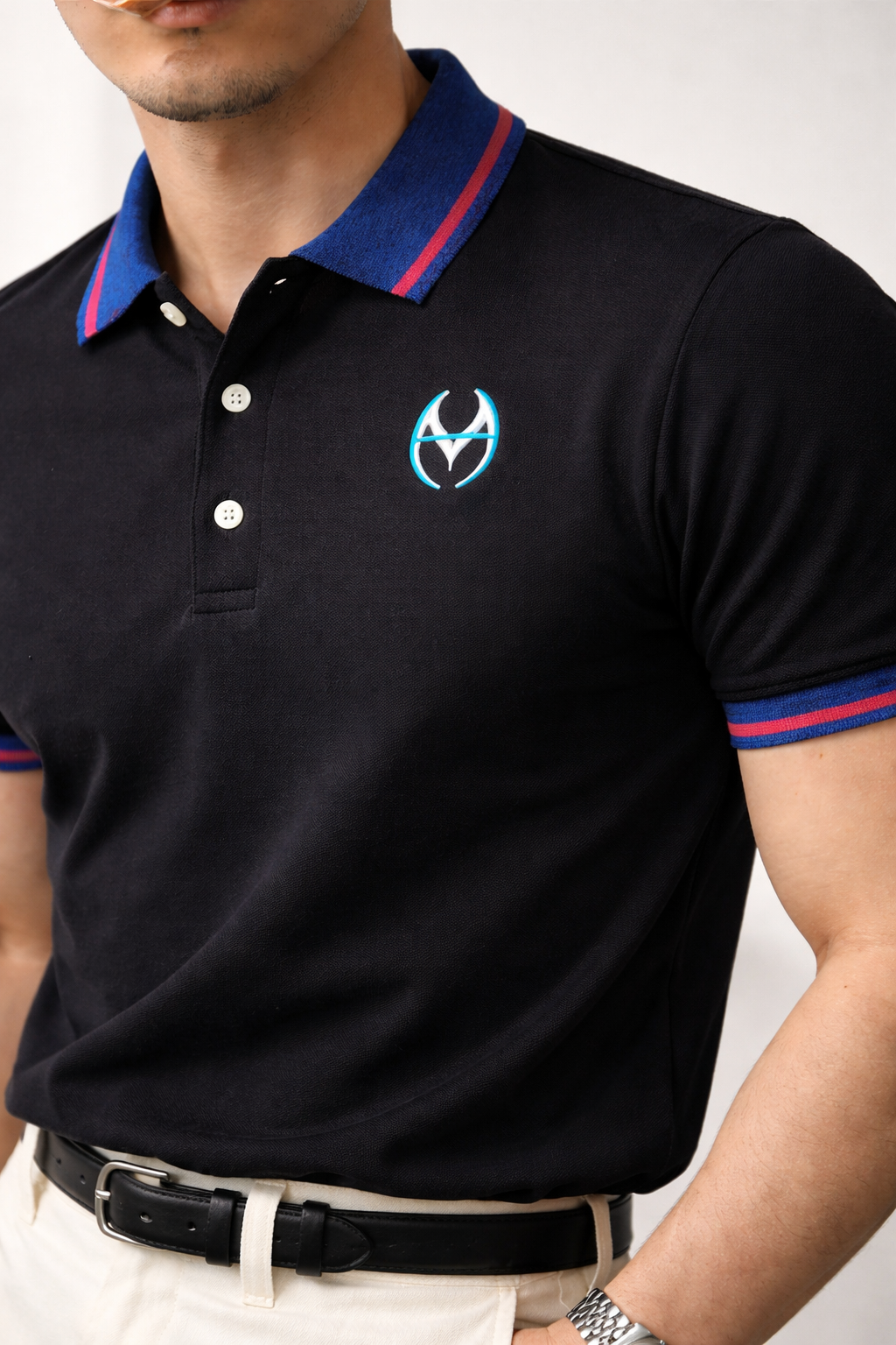 Midnight Black Contrast Collar Polo with Signature MH Logo Detail | MH