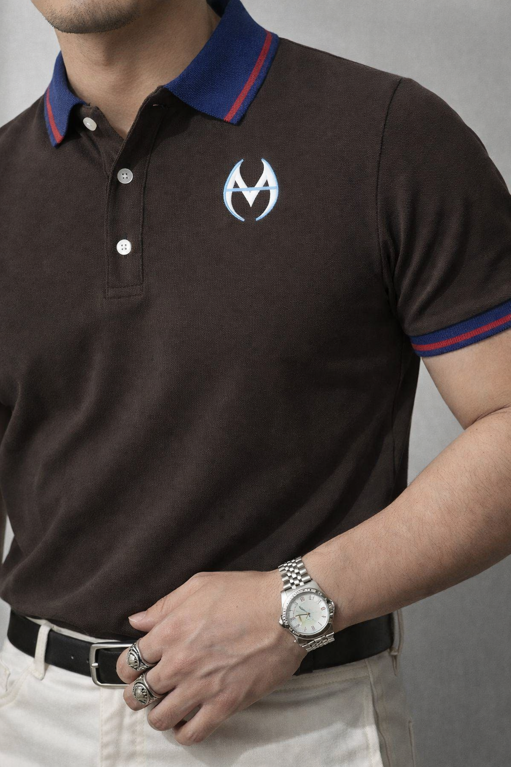 Classic Olive Polo T-shirt with Royal Blue Contrast Collar | MH