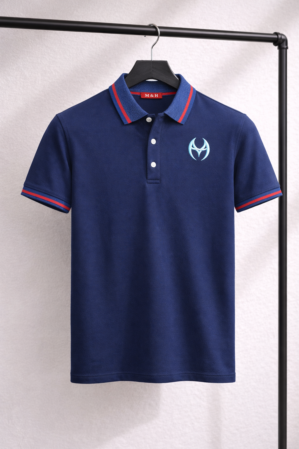 Men’s Navy Blue Polo Shirt with Contrast Collar & Embroidered Logo – Slim Fit Casual T-Shirt|| MH
