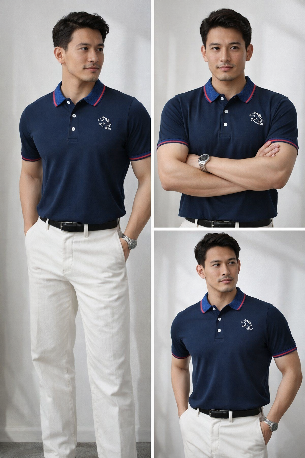 Navy Contrast Collar Slim Fit Polo Shirt with Signature Embroidery | MH