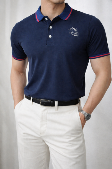 Navy Contrast Collar Slim Fit Polo Shirt with Signature Embroidery | MH