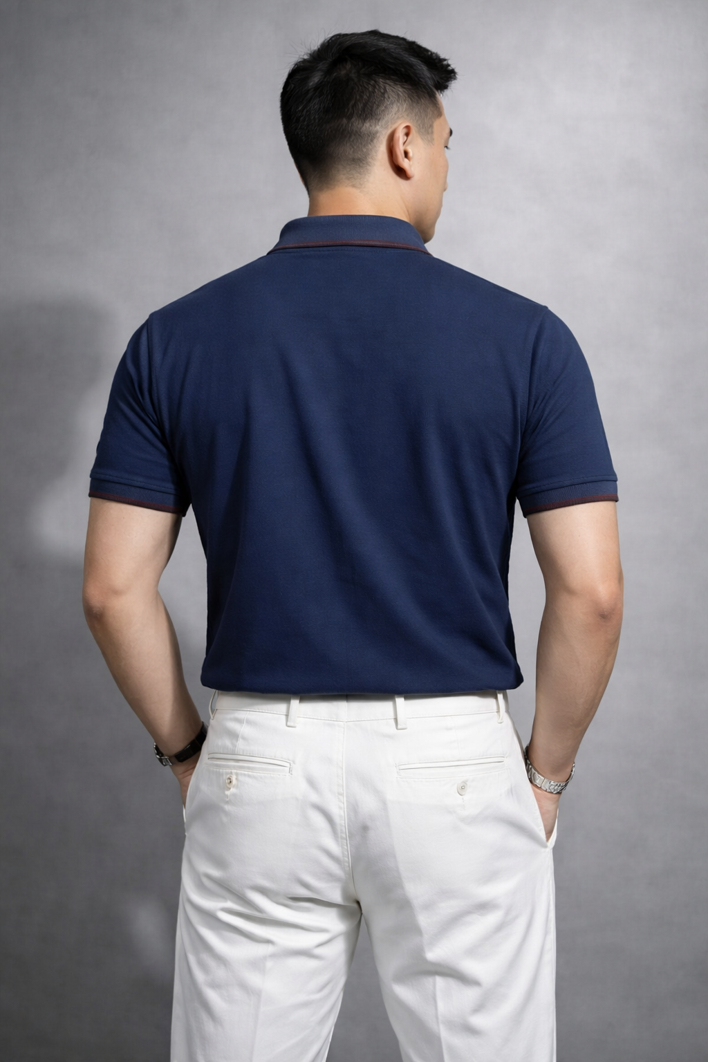 Navy Blue Classic Stripe-Collar Slim Fit Polo Shirt | MH