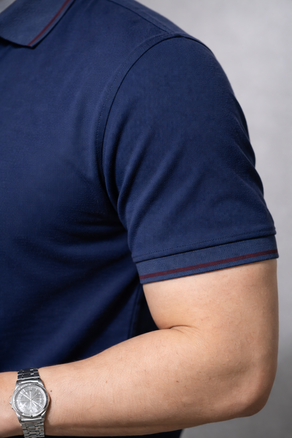 Navy Blue Classic Stripe-Collar Slim Fit Polo Shirt | MH