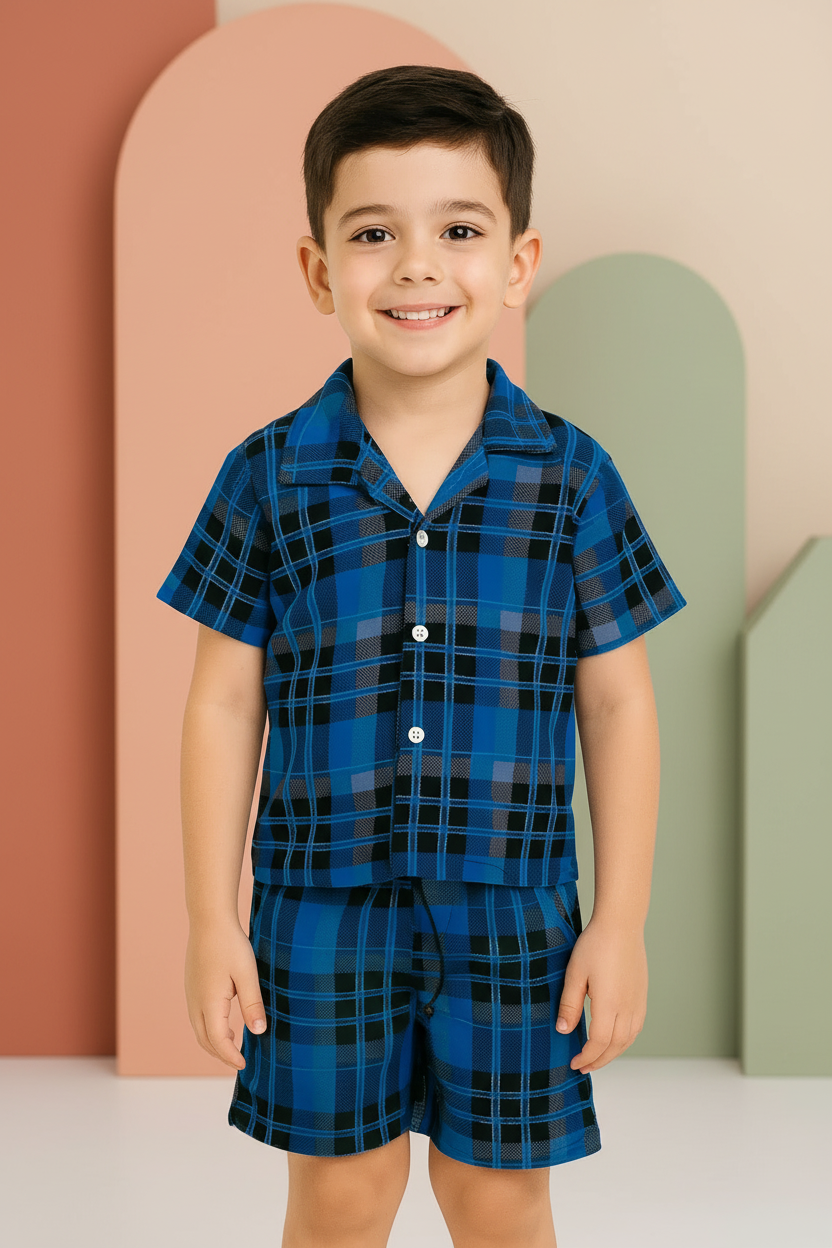 Boys Plaid Check Turkish Collar Short Sleeve Shirt & Shorts Co-ord Set | 4 Colours | Ages 2–12 Years | MH