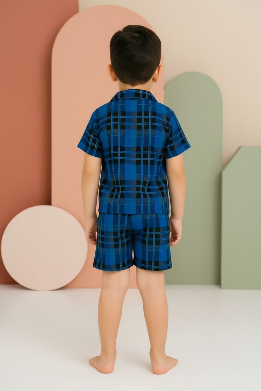 Boys Plaid Check Turkish Collar Short Sleeve Shirt & Shorts Co-ord Set | 4 Colours | Ages 2–12 Years | MH