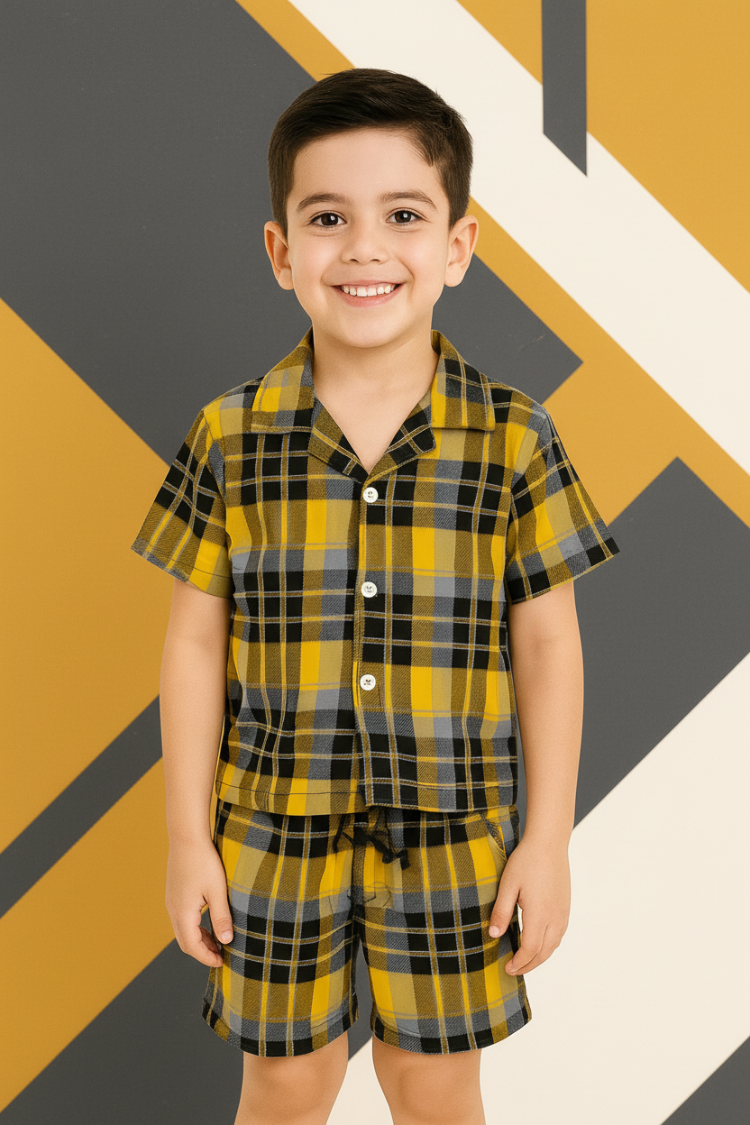Boys Plaid Check Turkish Collar Short Sleeve Shirt & Shorts Co-ord Set | 4 Colours | Ages 2–12 Years | MH