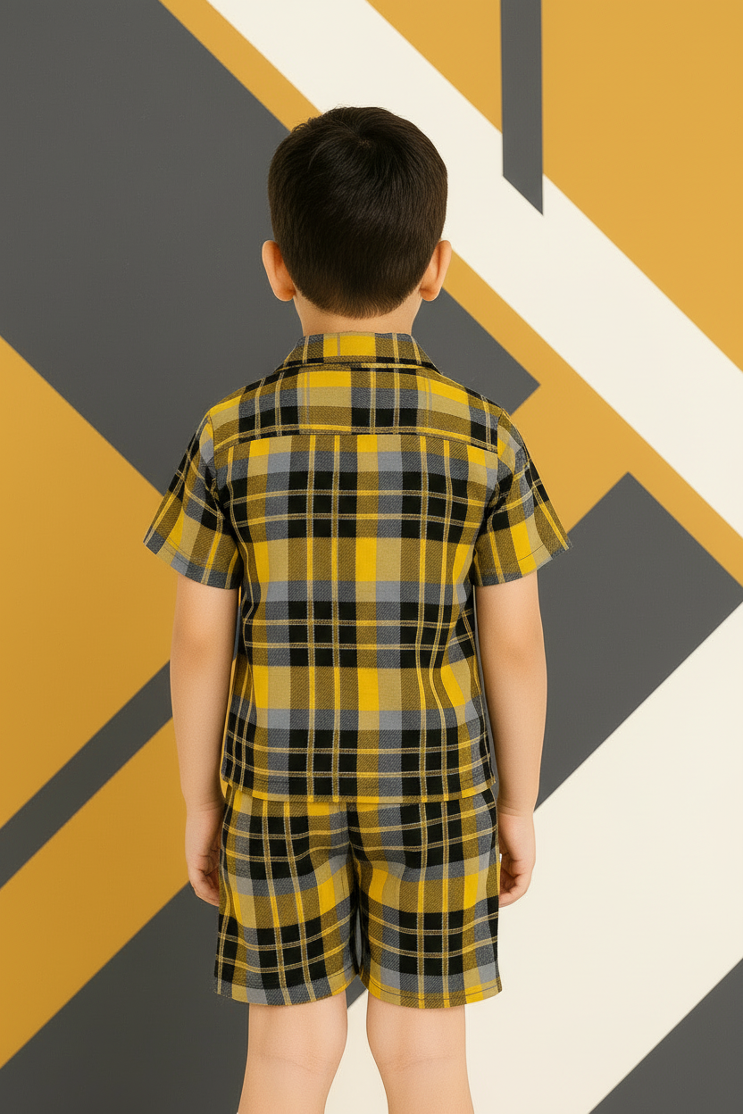 Boys Plaid Check Turkish Collar Short Sleeve Shirt & Shorts Co-ord Set | 4 Colours | Ages 2–12 Years | MH