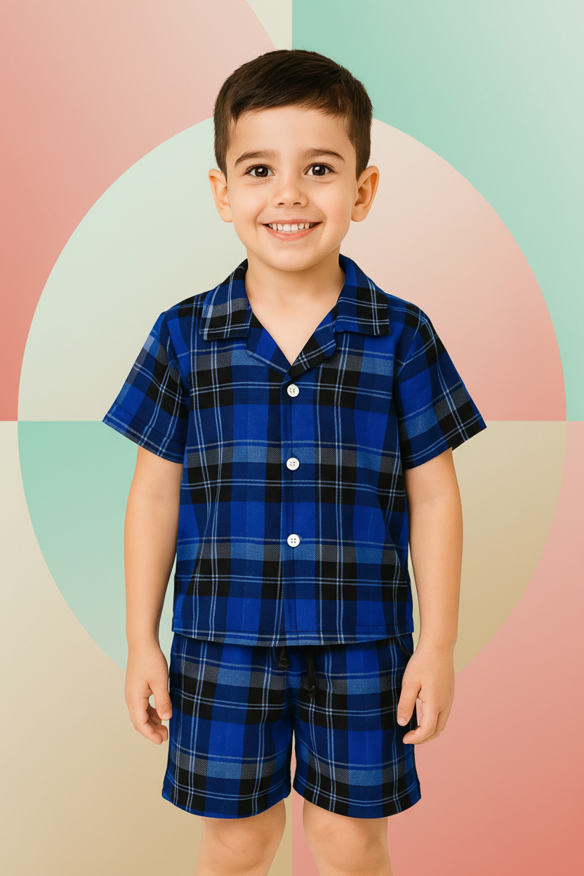 Boys Plaid Check Turkish Collar Short Sleeve Shirt & Shorts Co-ord Set | 4 Colours | Ages 2–12 Years | MH