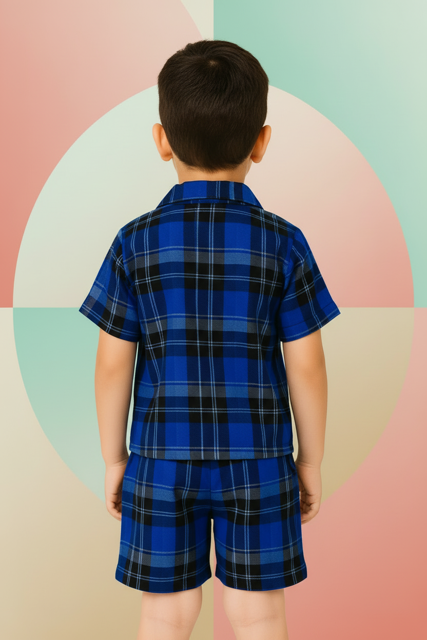 Boys Plaid Check Turkish Collar Short Sleeve Shirt & Shorts Co-ord Set | 4 Colours | Ages 2–12 Years | MH
