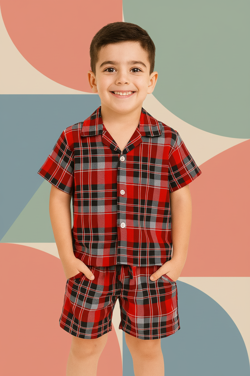 Boys Plaid Check Turkish Collar Short Sleeve Shirt & Shorts Co-ord Set | 4 Colours | Ages 2–12 Years | MH