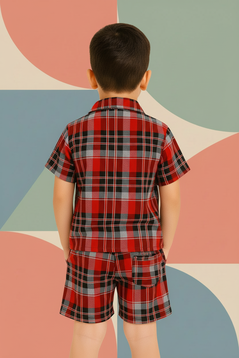 Boys Plaid Check Turkish Collar Short Sleeve Shirt & Shorts Co-ord Set | 4 Colours | Ages 2–12 Years | MH