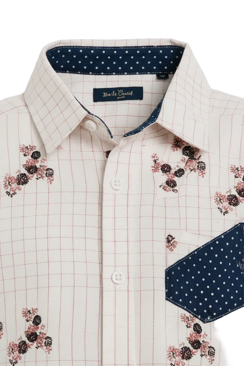 Boys Cream Grid Check Floral Scatter Print Shirt | Navy Polka Dot Contrast Pocket & Collar | Ages 3–14 Years | MH