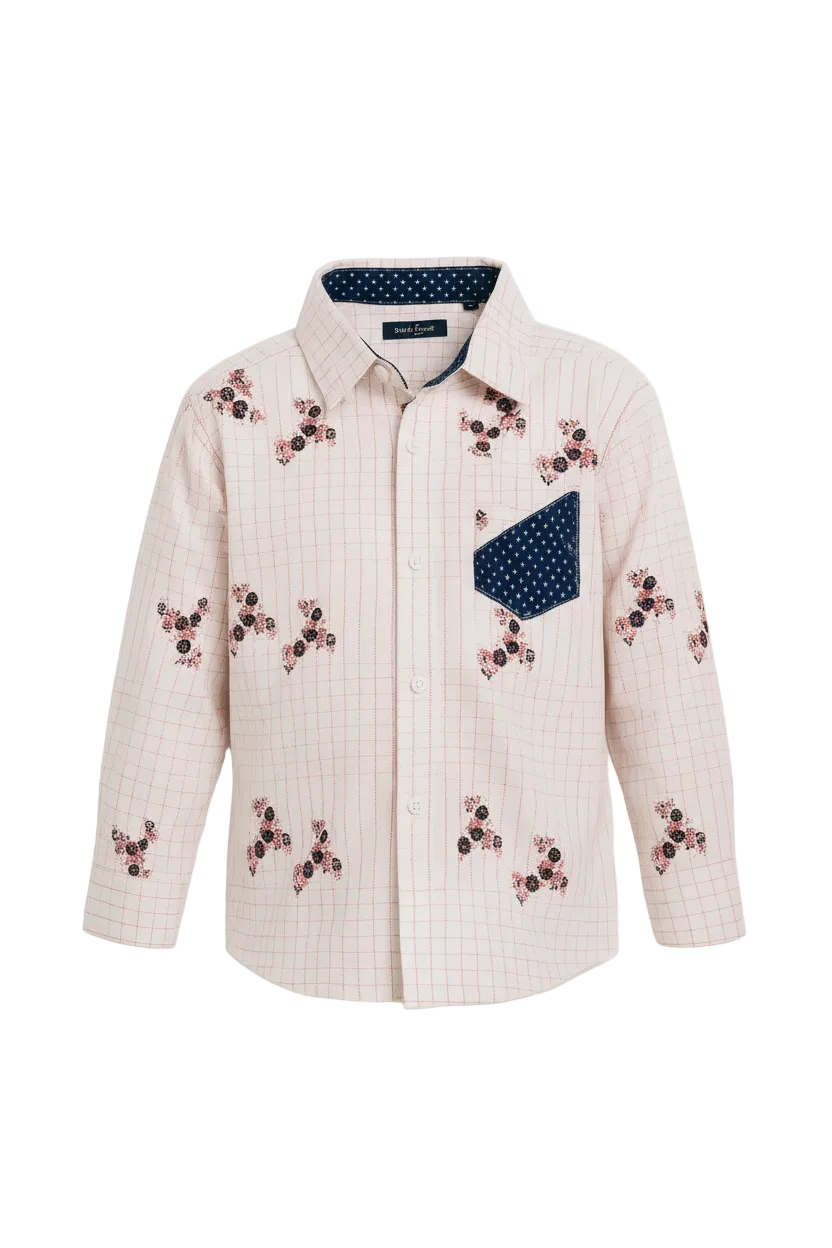 Boys Cream Grid Check Floral Scatter Print Shirt | Navy Polka Dot Contrast Pocket & Collar | Ages 3–14 Years | MH