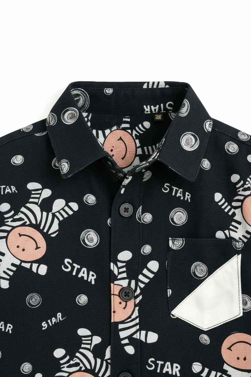 Starlight Zebra: Boys’ Navy Print Button-Down Shirt