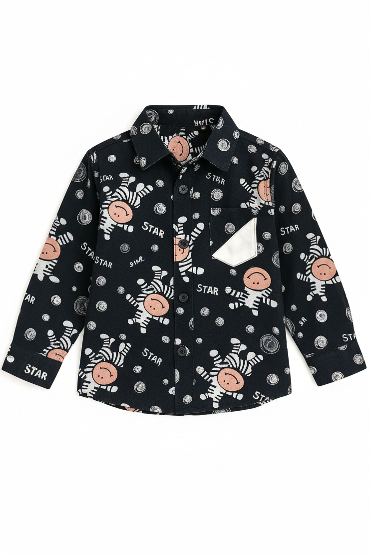 Starlight Zebra: Boys’ Navy Print Button-Down Shirt