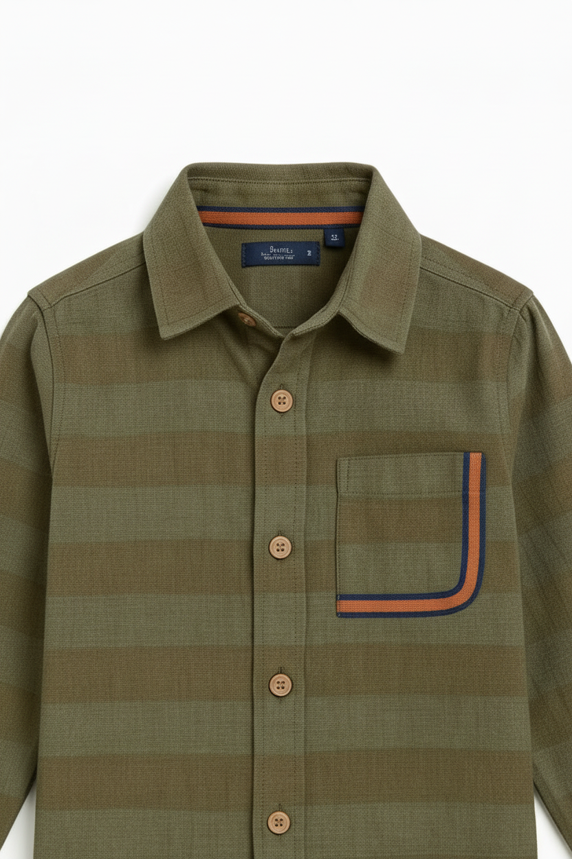 Olive Horizon: Boys’ Striped Long-Sleeve Button-Down with Contrast Pocket Shirt,Size 3-14Years I MH