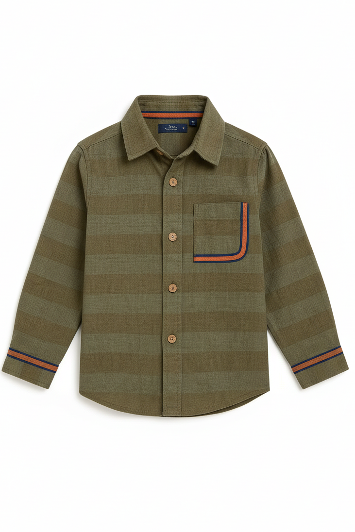 Olive Horizon: Boys’ Striped Long-Sleeve Button-Down with Contrast Pocket Shirt,Size 3-14Years I MH