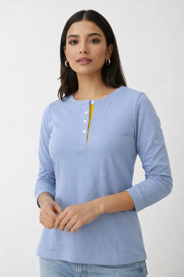 Women's Long Sleeve Henley Shirt - Light Blue Button Front Top with Yellow Accent Casual Cotton Blend Tee | Sizes (S-XL) | MH