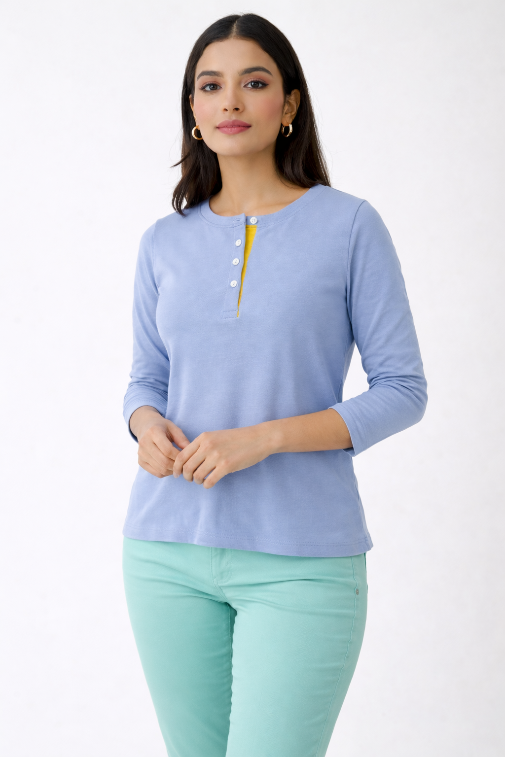 Women's Long Sleeve Henley Shirt - Light Blue Button Front Top with Yellow Accent Casual Cotton Blend Tee | Sizes (S-XL) | MH