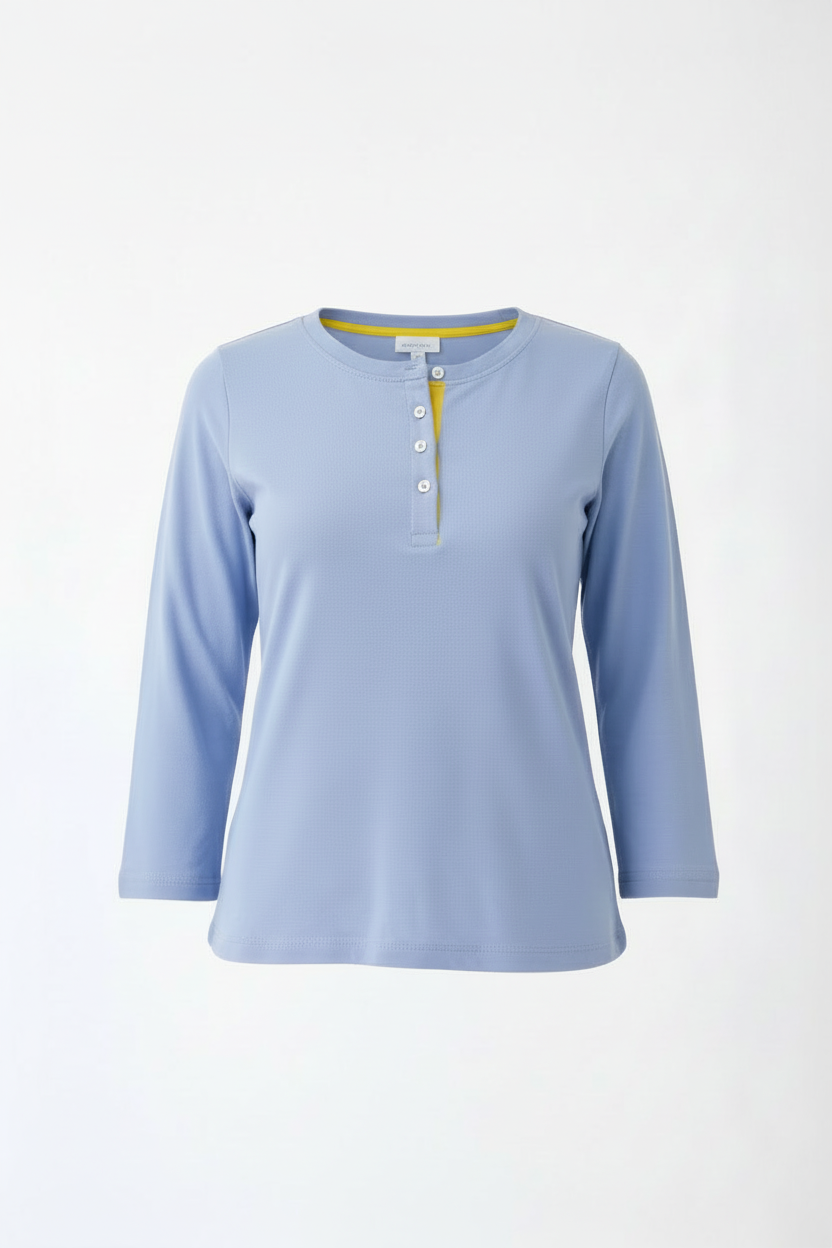 Women's Long Sleeve Henley Shirt - Light Blue Button Front Top with Yellow Accent Casual Cotton Blend Tee | Sizes (S-XL) | MH