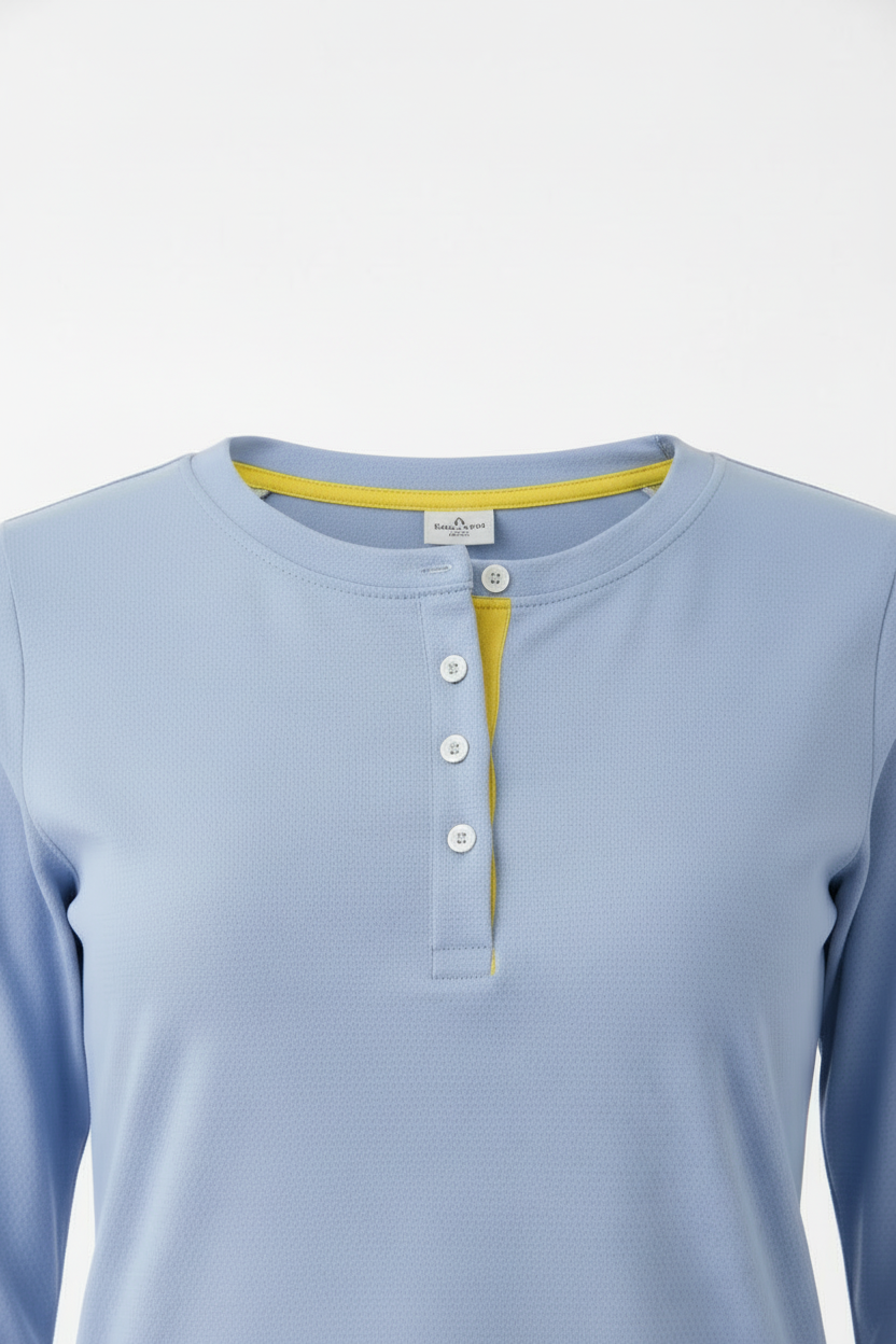Women's Long Sleeve Henley Shirt - Light Blue Button Front Top with Yellow Accent Casual Cotton Blend Tee | Sizes (S-XL) | MH