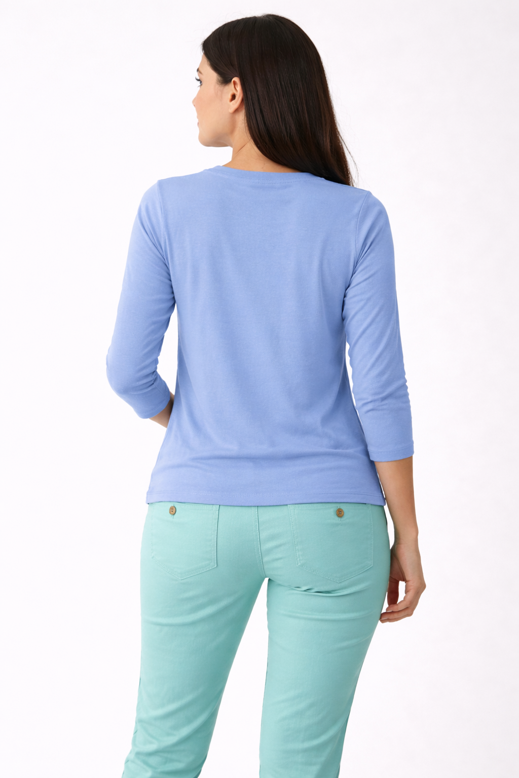 Women's Long Sleeve Henley Shirt - Light Blue Button Front Top with Yellow Accent Casual Cotton Blend Tee | Sizes (S-XL) | MH