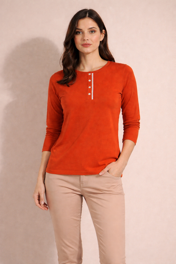 Women's Rust Orange Ribbed Long Sleeve Henley Top – Casual Button Front T-shirt  | Sizes (S-XL) | MH