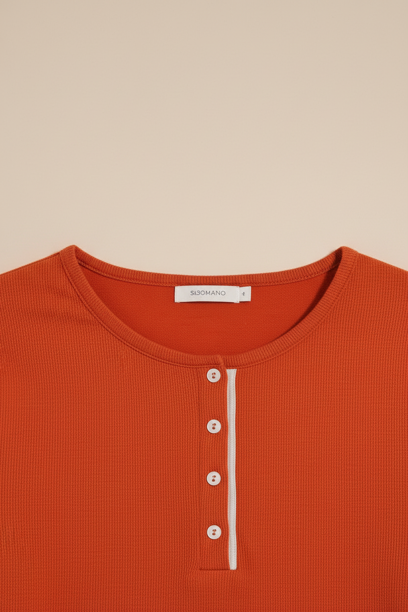 Women's Rust Orange Ribbed Long Sleeve Henley Top – Casual Button Front T-shirt  | Sizes (S-XL) | MH
