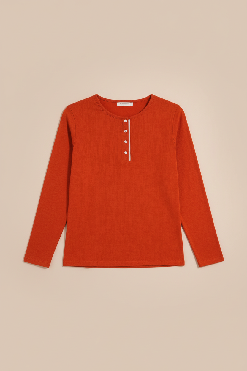 Women's Rust Orange Ribbed Long Sleeve Henley Top – Casual Button Front T-shirt  | Sizes (S-XL) | MH