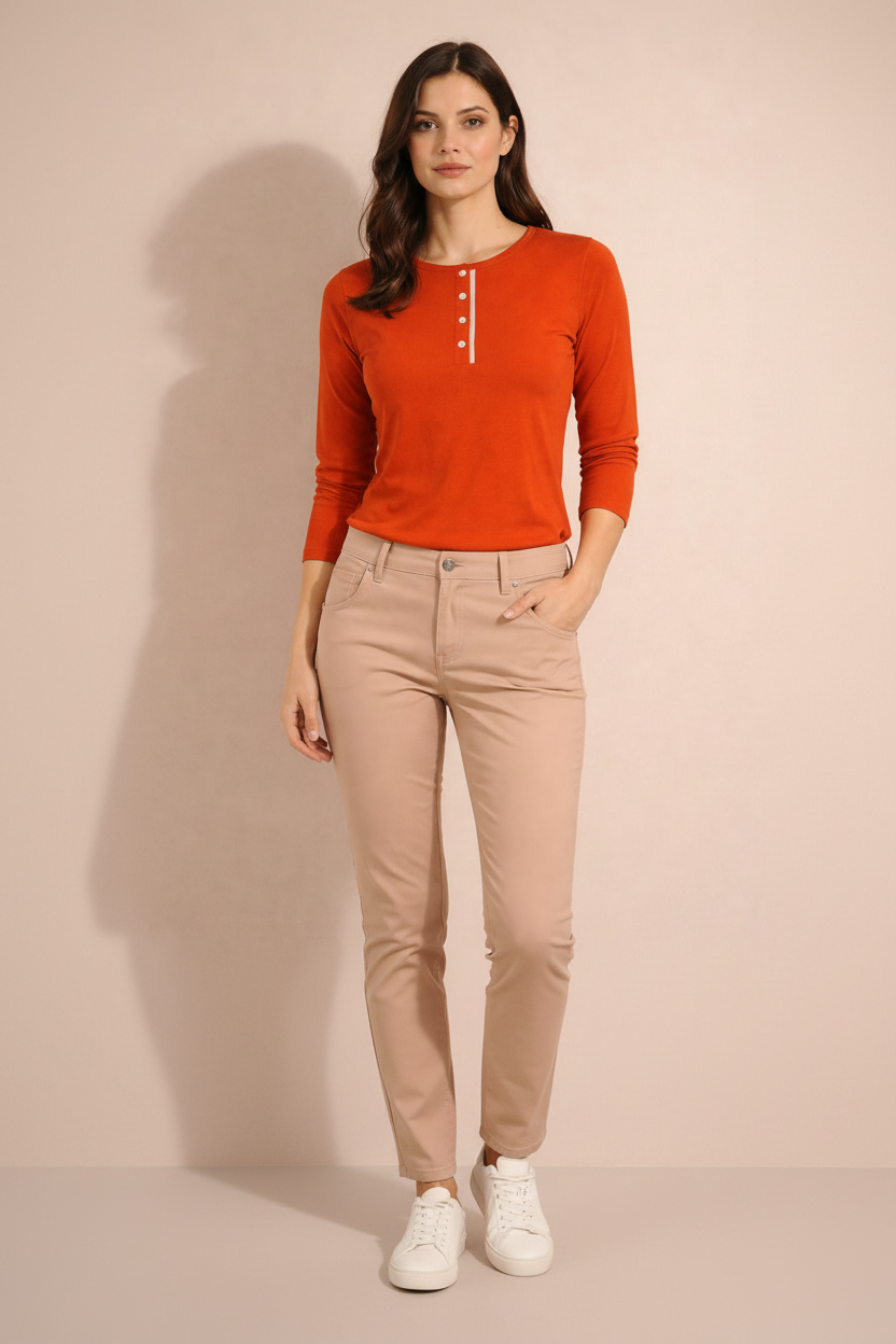 Women's Rust Orange Ribbed Long Sleeve Henley Top – Casual Button Front T-shirt  | Sizes (S-XL) | MH