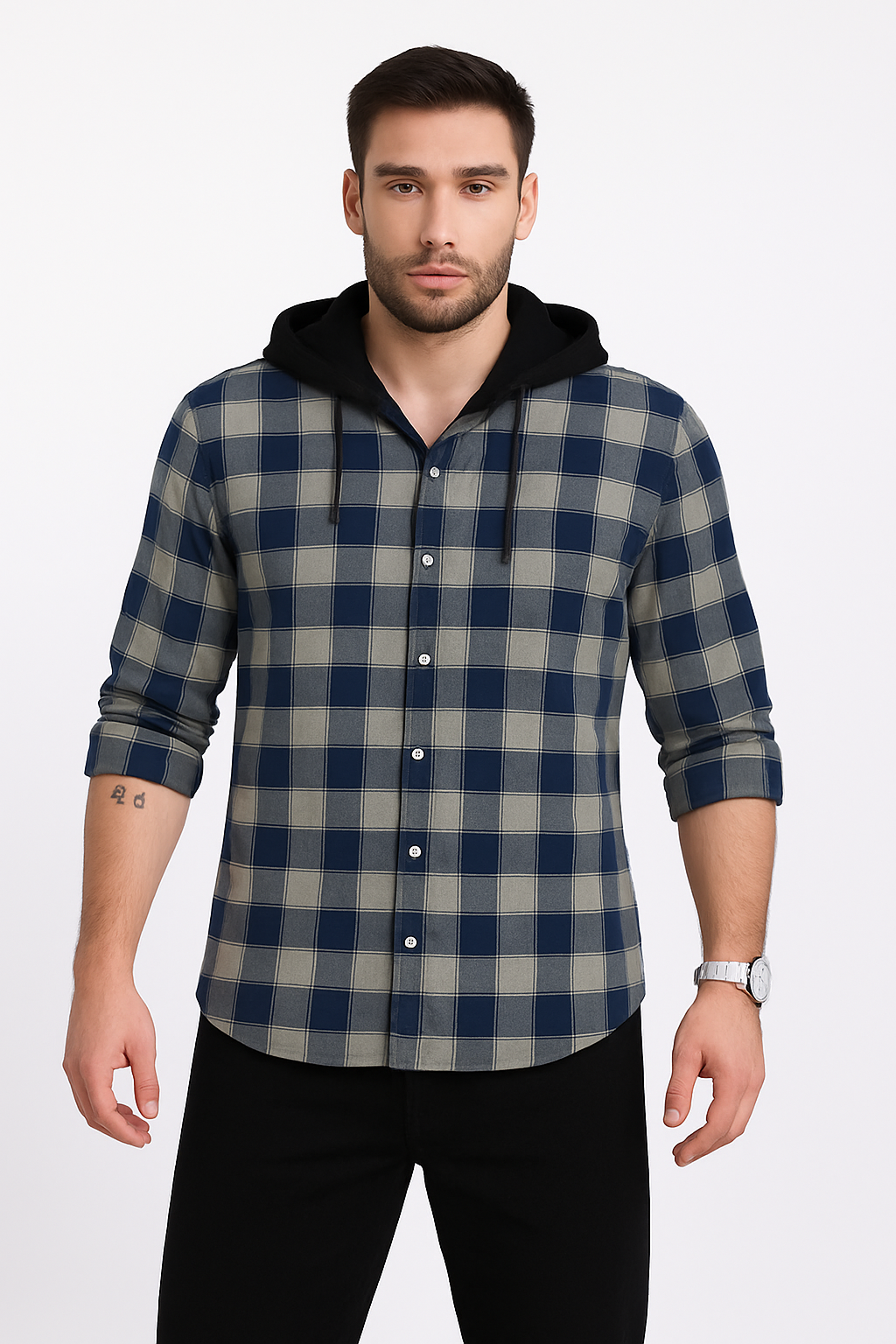 "Men’s Blue & Grey Checkered Hooded Casual Shirt – Full Sleeve"/MH