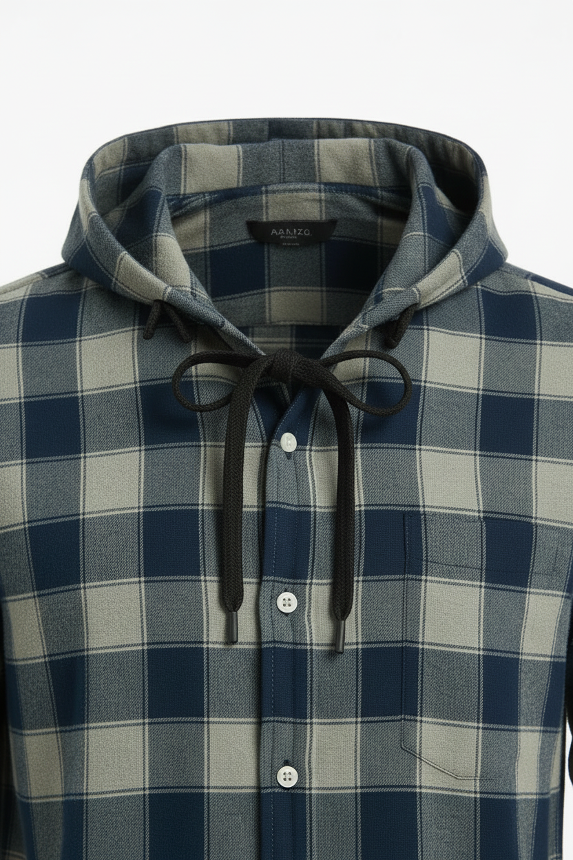 Men’s Blue & Grey Checkered Hooded Casual Shirt – Full Sleeve | Sizes S-XXL  | MH