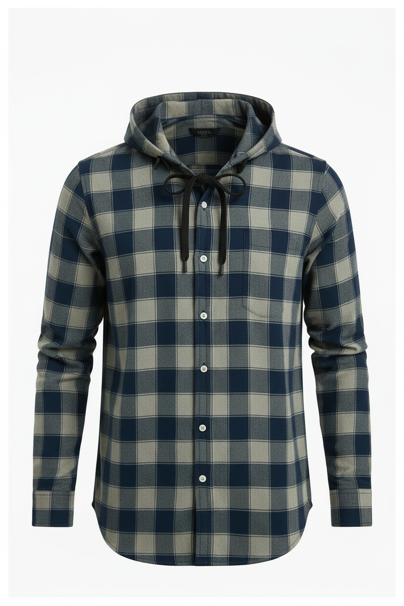 Men’s Blue & Grey Checkered Hooded Casual Shirt – Full Sleeve | Sizes S-XXL  | MH
